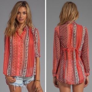 Free People Orange Print Button Up Blouse